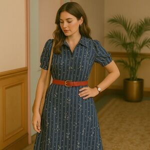Vintage 70s Navy Floral Stripe A-Line Dress with Puff Sleeves
